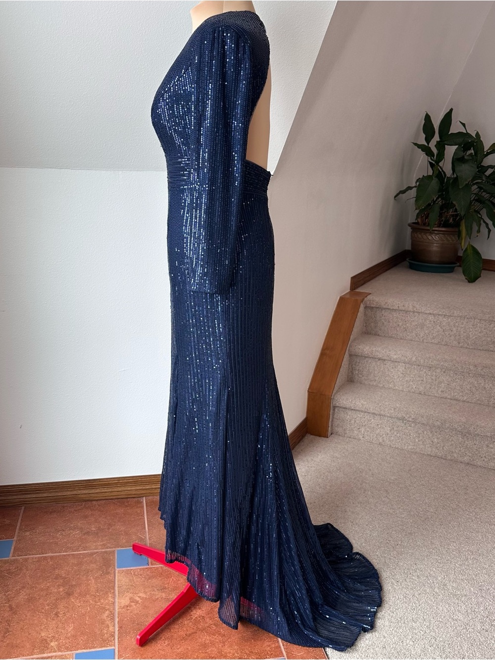 Sequin Gown Womens 16 Long Sleeve Open Back Formal Maxi Prom Mother of the Bride - Picture 5 of 15